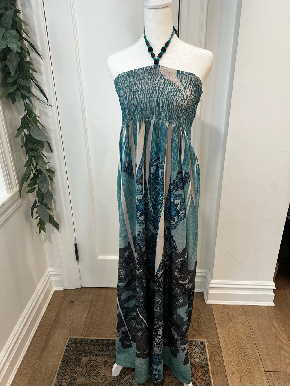 Ingear Teal and Black Strapless Smocked Maxi Dress with Ornate Print